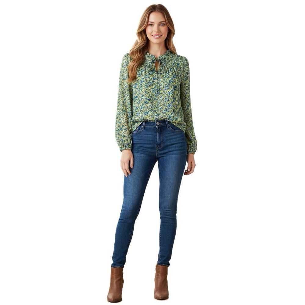 Rachel Zoe Green and Blue Floral Long Sleeve Blouse